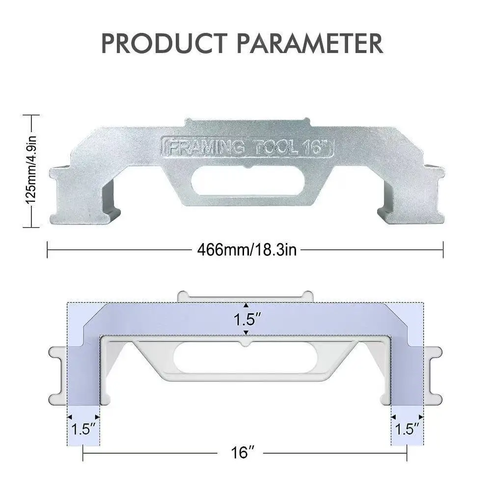 Diseño de perno central, plantilla de posicionamiento de espaciado de marco de medición precisa de pared de 12/16/24 pulgadas, herramienta de marco de perno de pared de aleación de aluminio