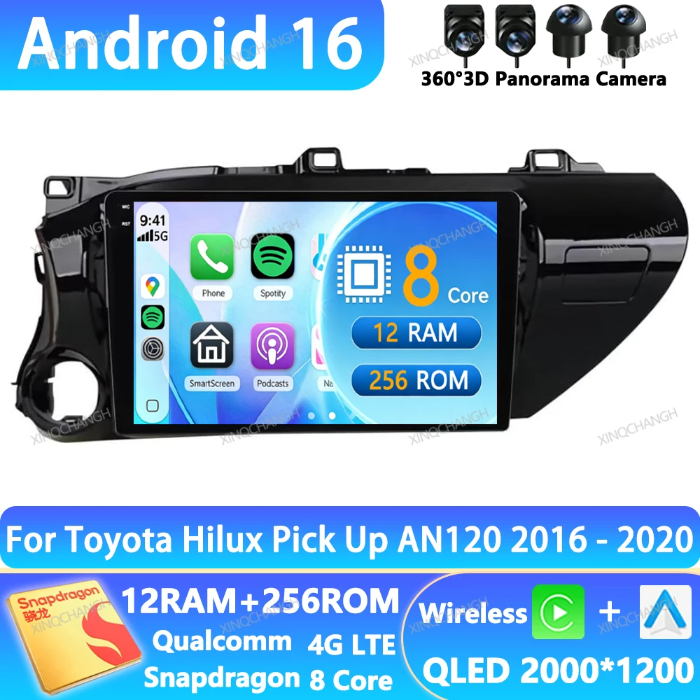 Autoradio Android 16 pour Toyota Hilux Pick Up AN120 2016 - 2020 GPS 4G LTE 5G WIFI BT Lecteur multimédia vidéo Qualcomm