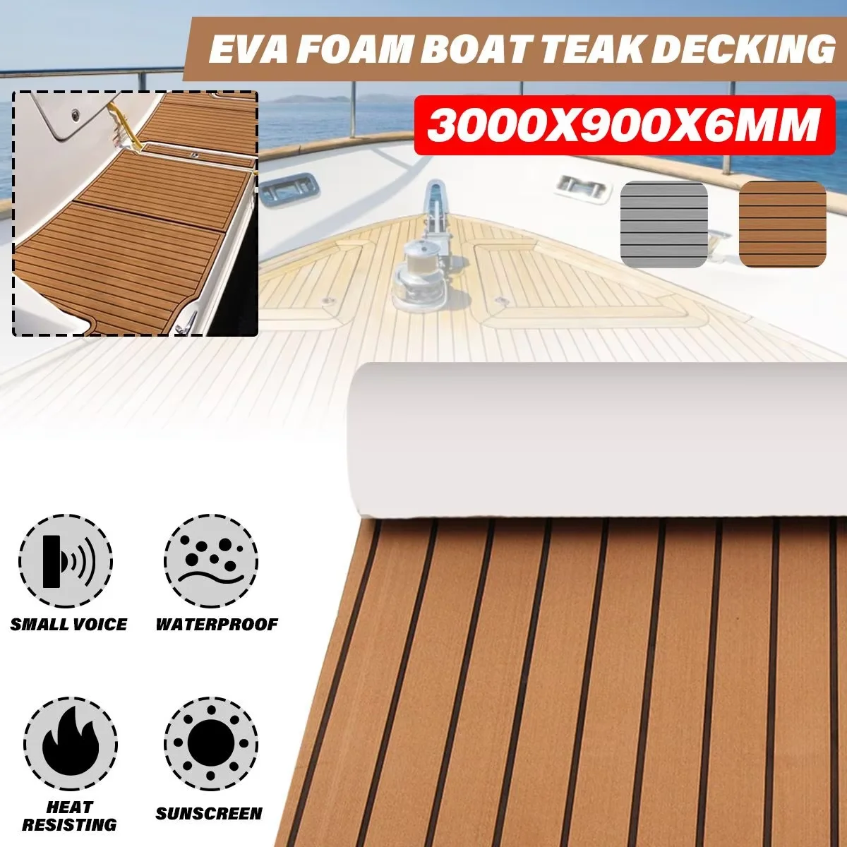 NONE 3000 x 900 mm Boots-Bodenbelag, EVA-Schaum, Marine-Faux-Teak-Terrassendielen, Teppichmatten, rutschfeste, pontonbraune, selbstklebende Yacht-Pats