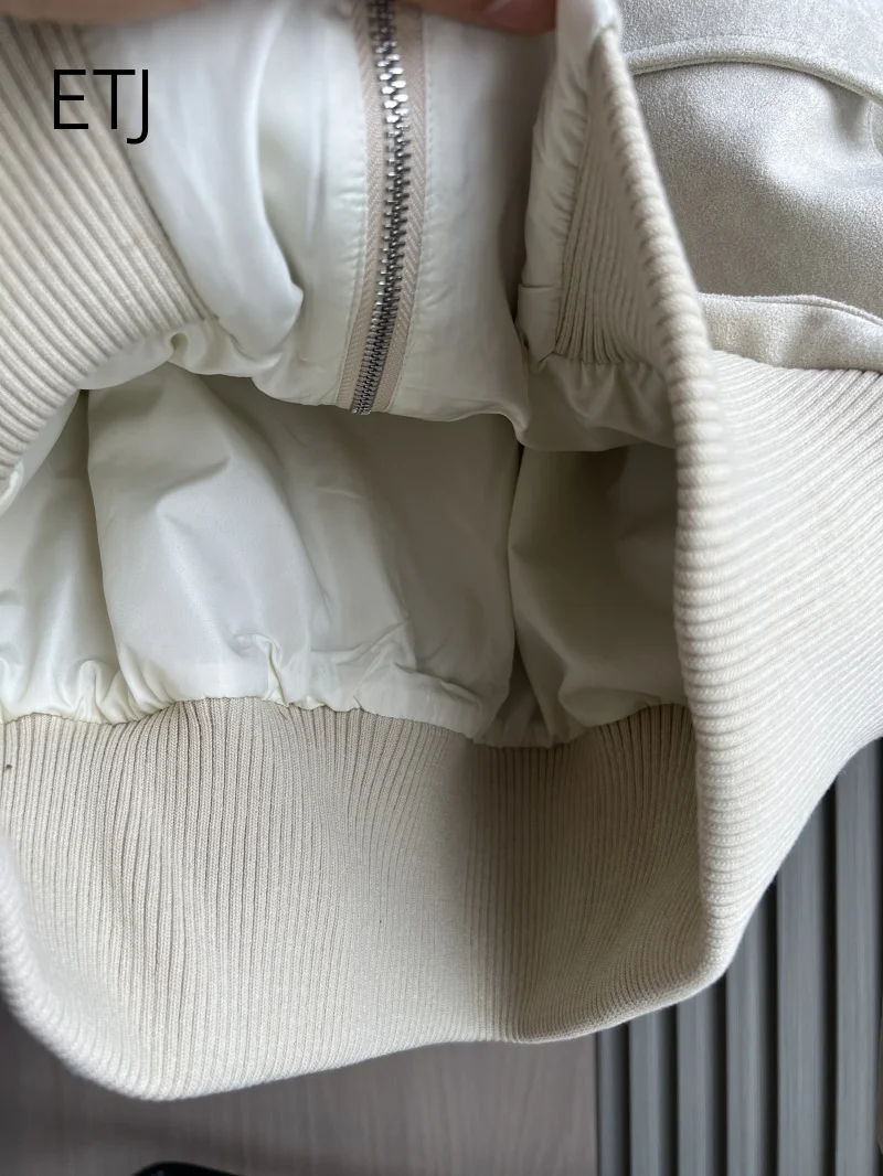 ETJ 2026 Damen Kunstwildlederjacke, kurze Fliegerjacke mit geripptem Saum, Cargotaschen, Reißverschluss, Stehkragen, Vintage-Herbstjacke – Detail 12
