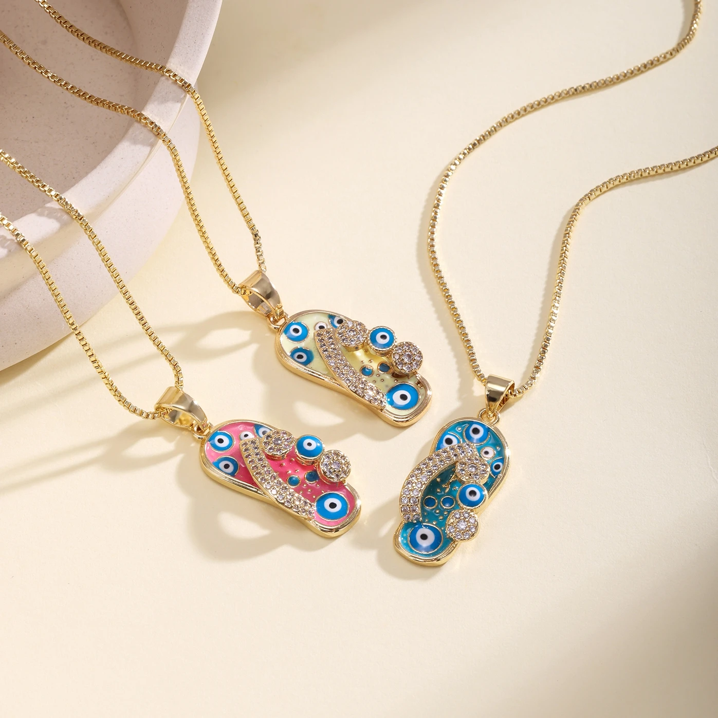 Nidin Hot Sale Shine Zircon Enamel Slipper Shape Pendant Necklace For Women Men Turkish Evil Eye Personality Chain Link Jewelry