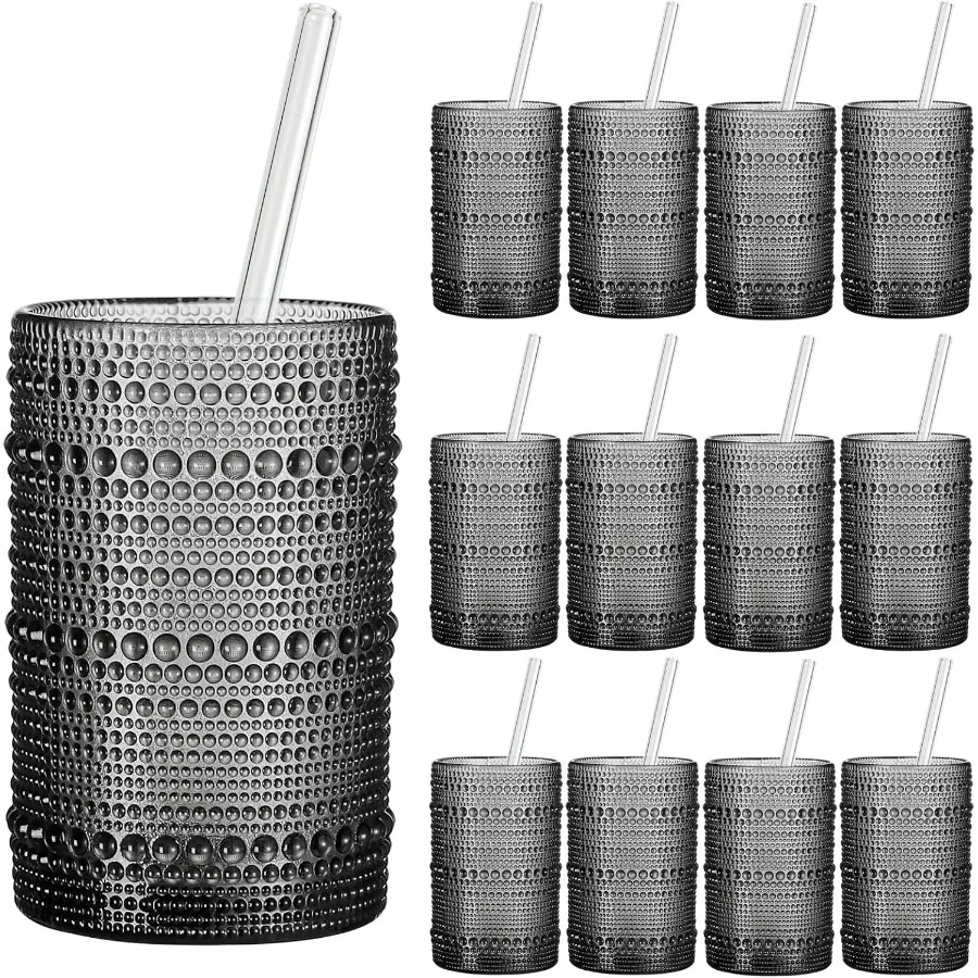 Vasos para beber Vintage Hobnail, juego de 12 vasos texturizados de 15oz, vasos de barra grises en relieve para cócteles, cerveza, whisky, lavavajillas