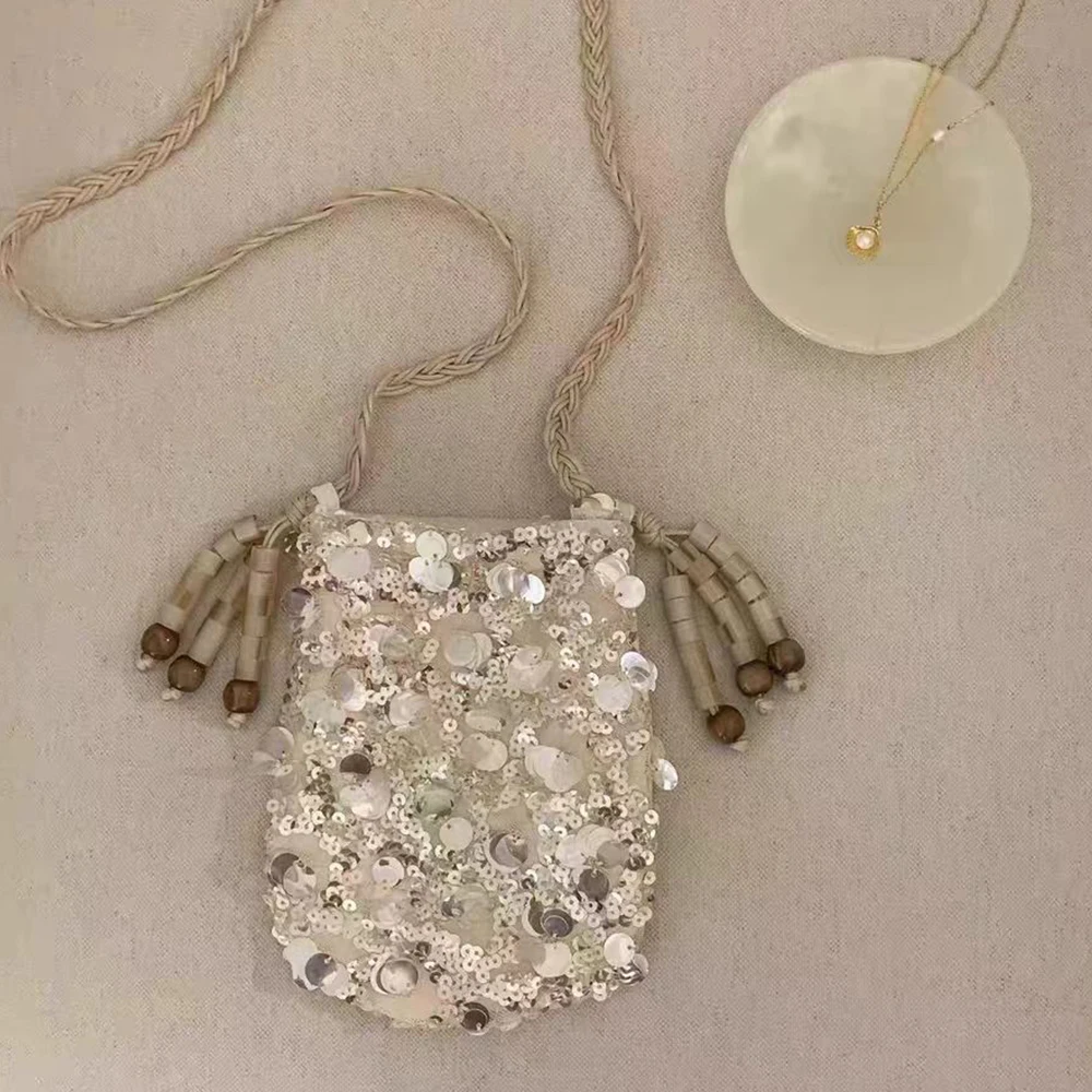 

Fashion Sequined Crossbody Bag Mini Beading Shoulder Bags for Women Woven Strap Flap Coins Purses and Handbags Women's Bag NEW