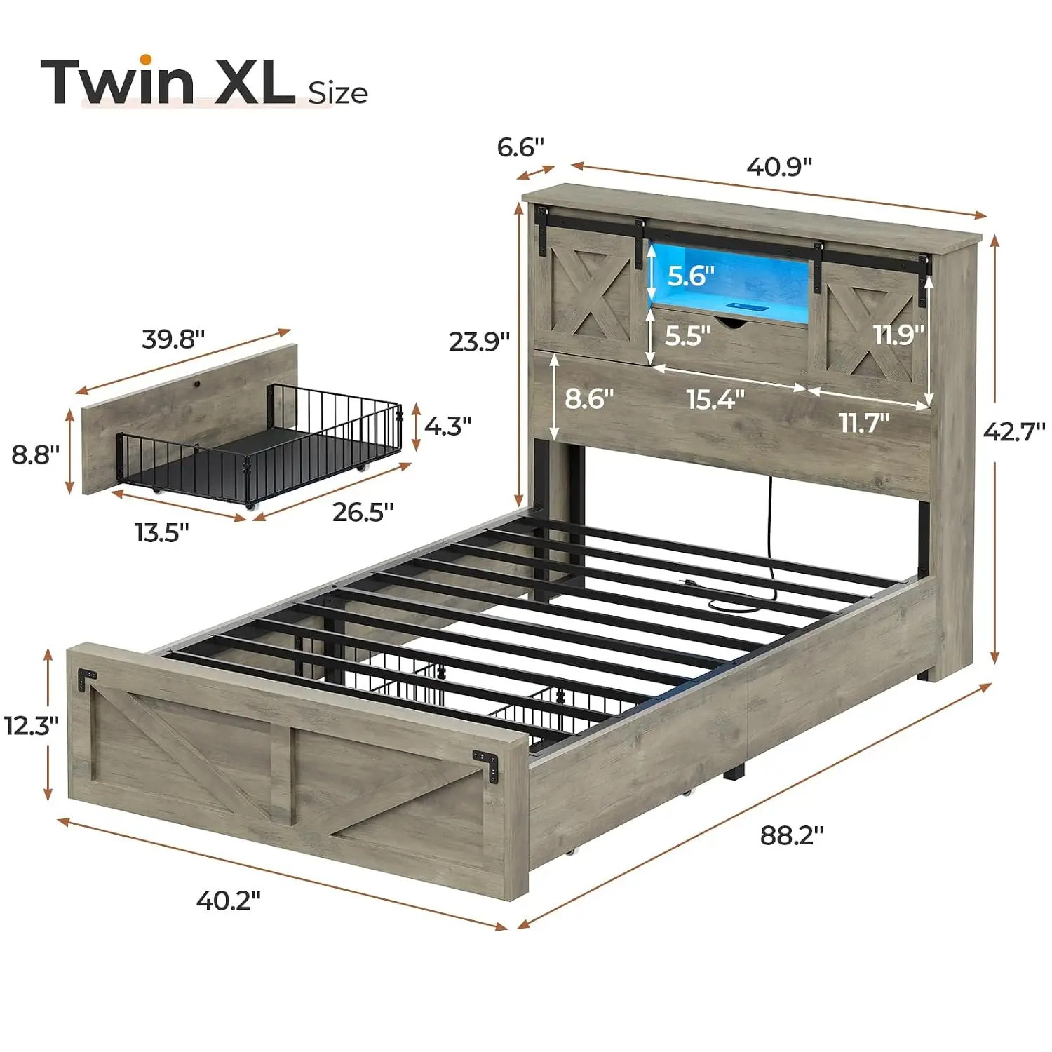 Twin XL Farmhouse Bed Frame 2 Drawers LED Lights, Wooden Platform Charging Station, Sliding Barn Door Storage, Customized