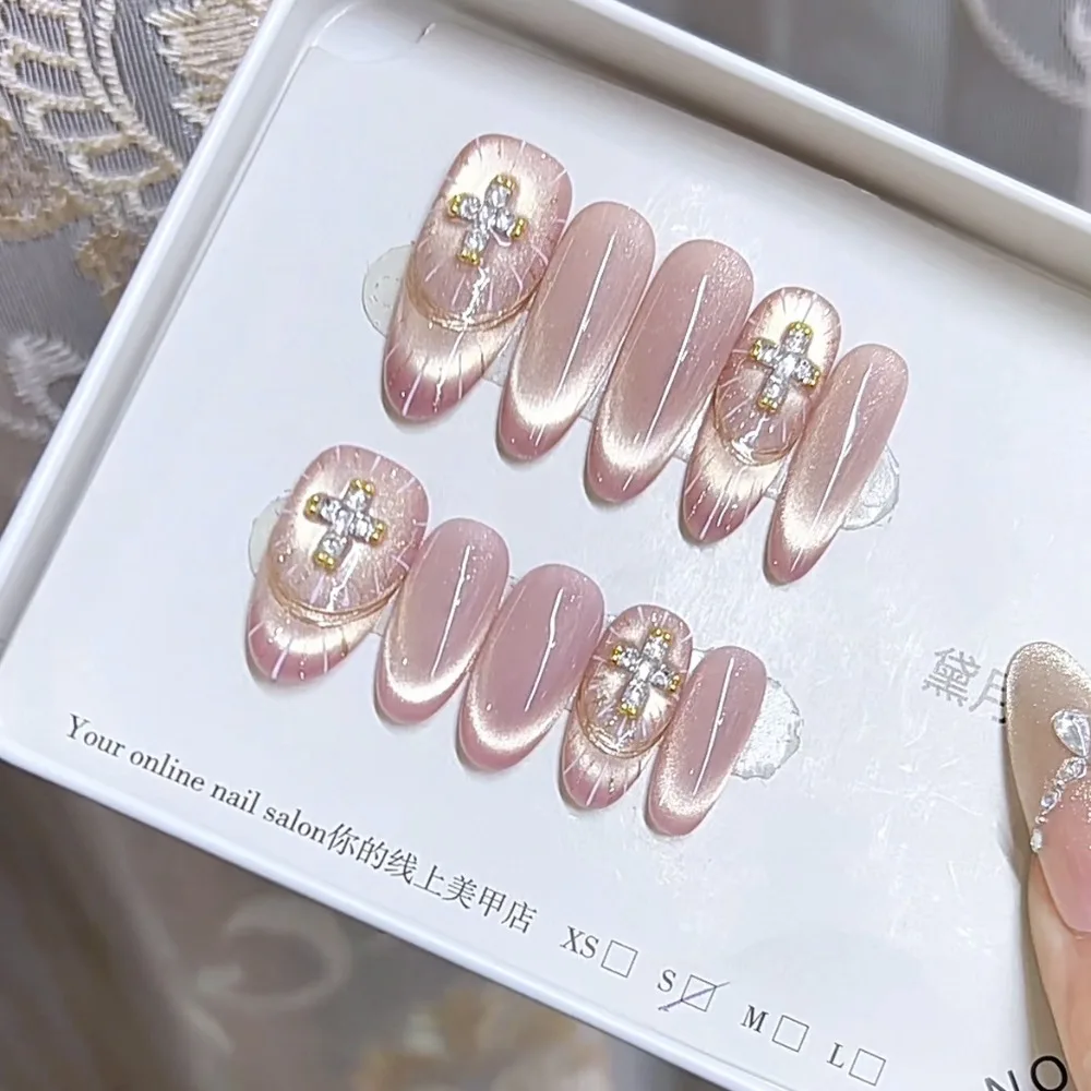 10 Pieces Pink Velvet Nails Handmade Press On Nails Diamond Cross Chrome French Chase Cat Eye Art Fake Nails Removable Reusable