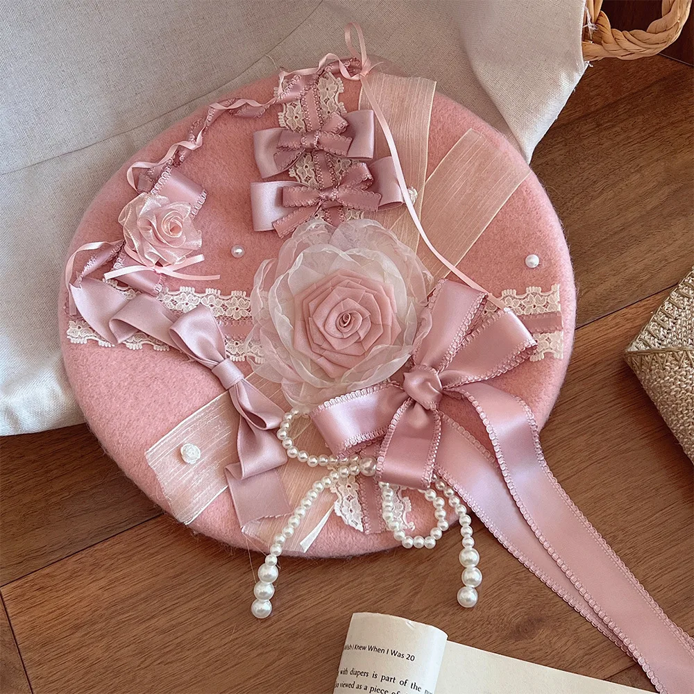 اليدوية زهور الكاميليا الصوف القبعات النمط الأجنبي تنوعا الوجه الصغيرة الدافئة براعم الرسام قبعة امرأة #1