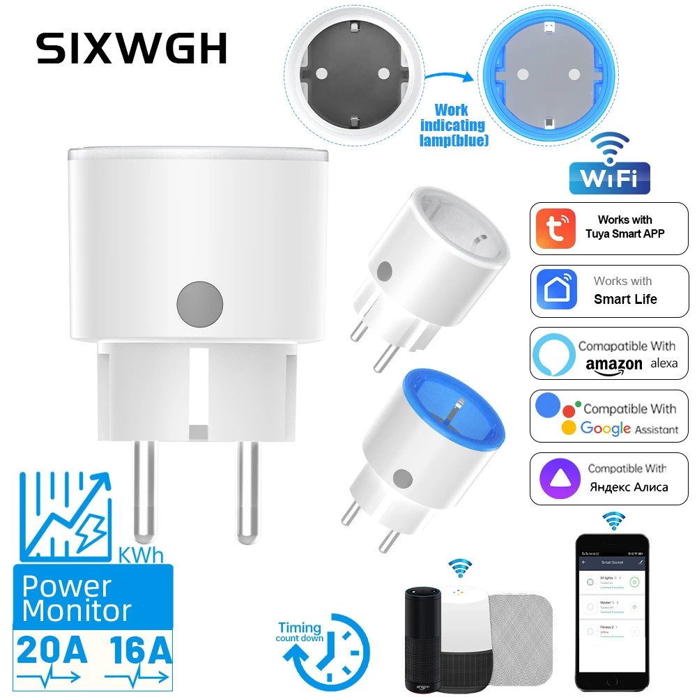 

Умная Wi-Fi розетка SIXWGH 16A/20A с европейской вилкой/светящимся корпусом/мониторингом энергопотребления, совместимая с Tuya/Alexa/Google Home