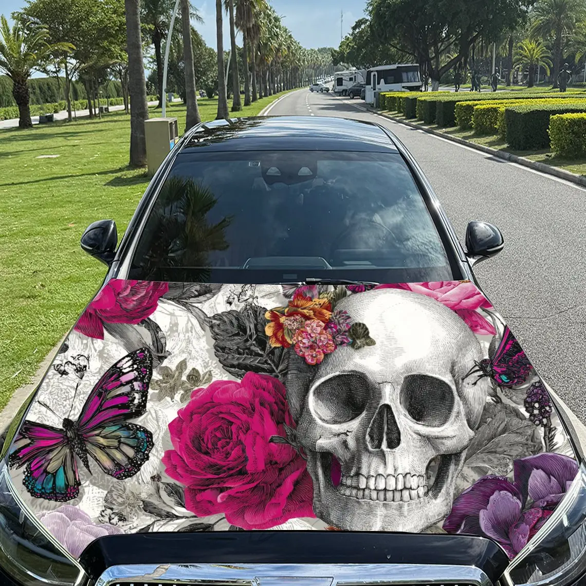 Car Decal Skull with Vibrant Roses and Butterfly in Floral Background & Artistic, Bohemian-Gothic Visual Details Car Hood Sticke