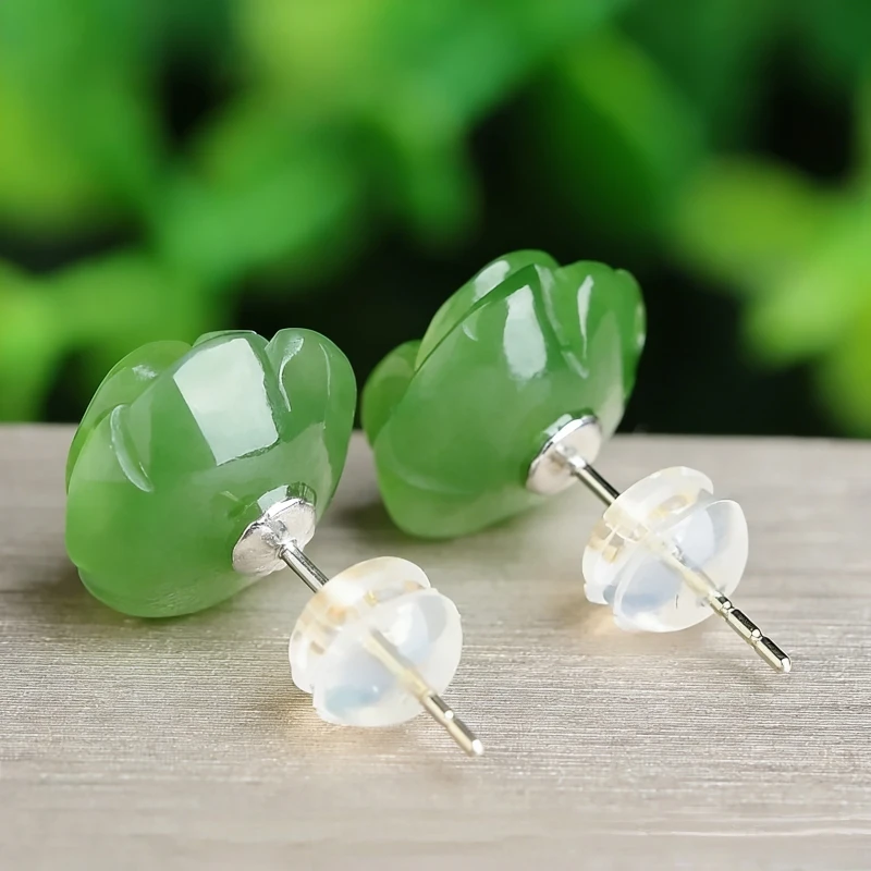 Green Natural Real Jade Rose Earrings Ear Studs Vintage Gemstone Jewelry Talismans Energy Amulet Luxury Gifts for Women Girl
