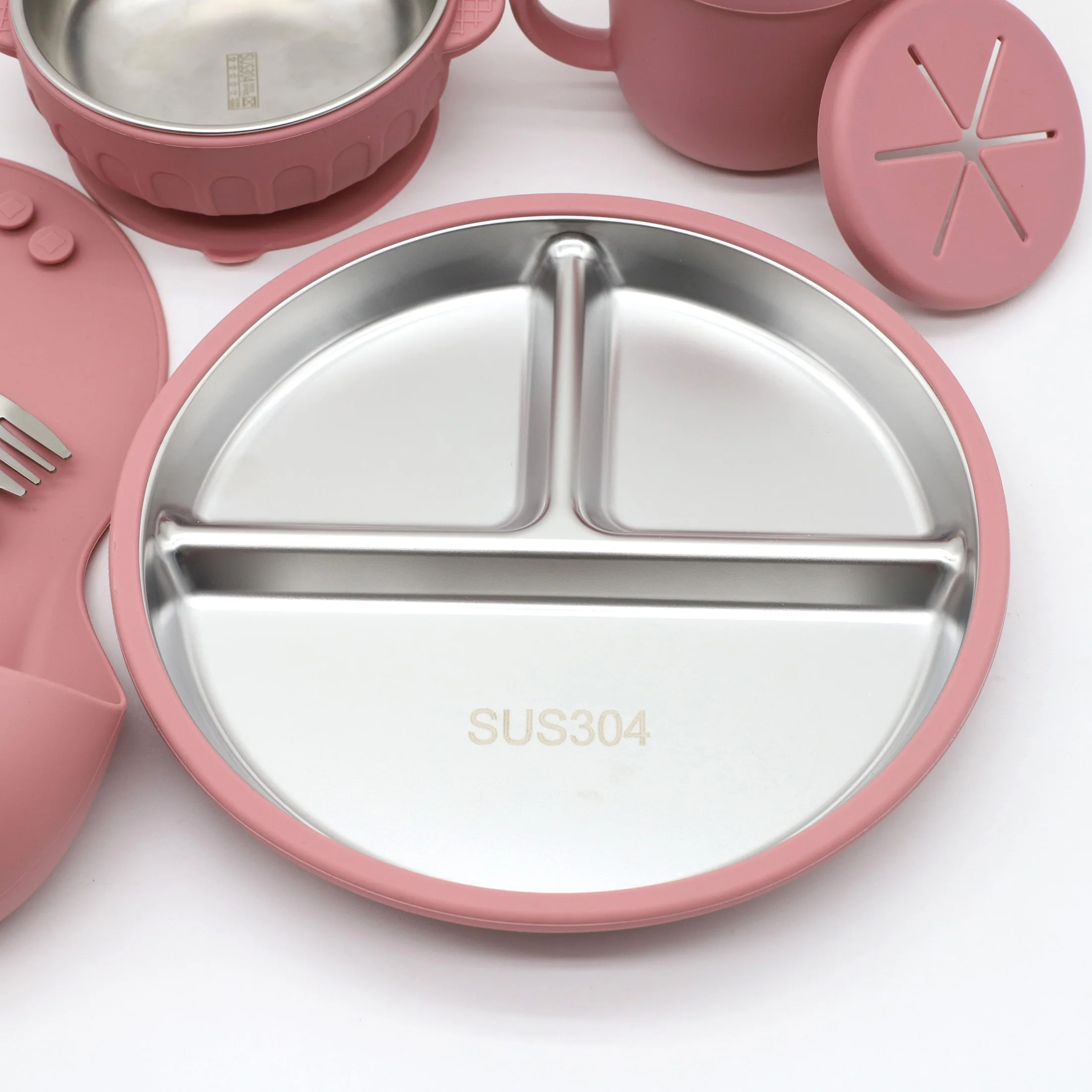 

Silicone stainless steel dining plate with suction cup baby food feeding utensils divided into compartments