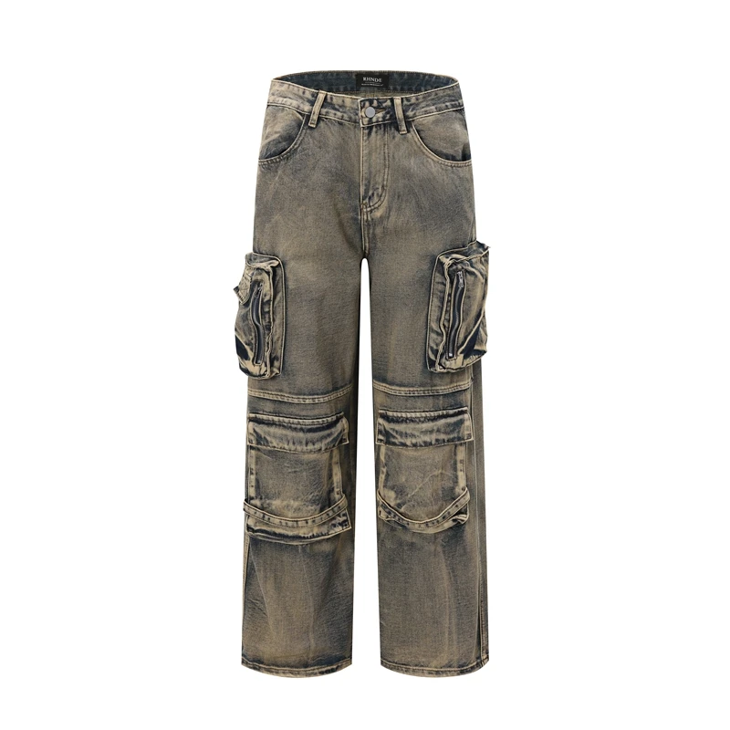 High Street Washed Distressed Pocket Jeans Men Women Loose Casual Cargo Pant Wide Leg Pants High Quality Denim Pant Men Trouser