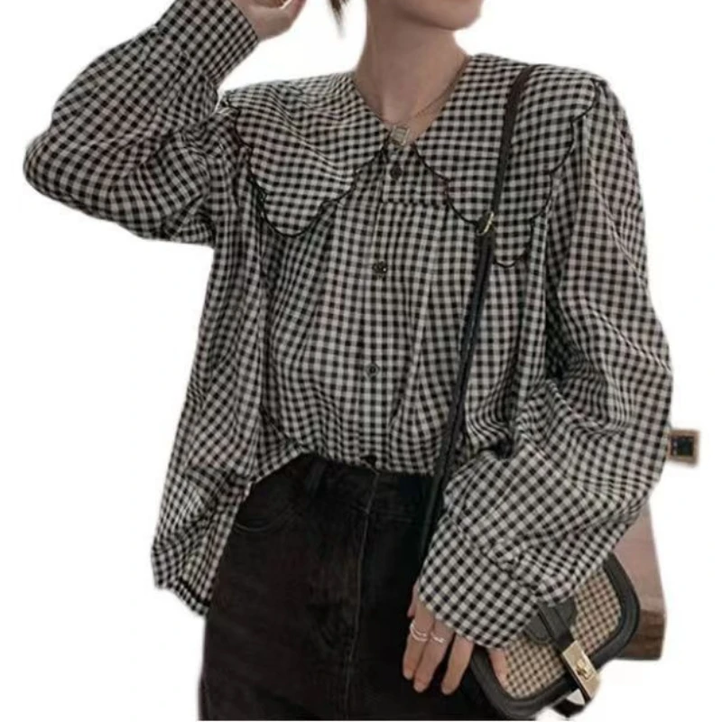 

Niche Ruffled Doll Collar Shirt Women's Long-sleeved Top Fat Girl Belly-covering Shirt