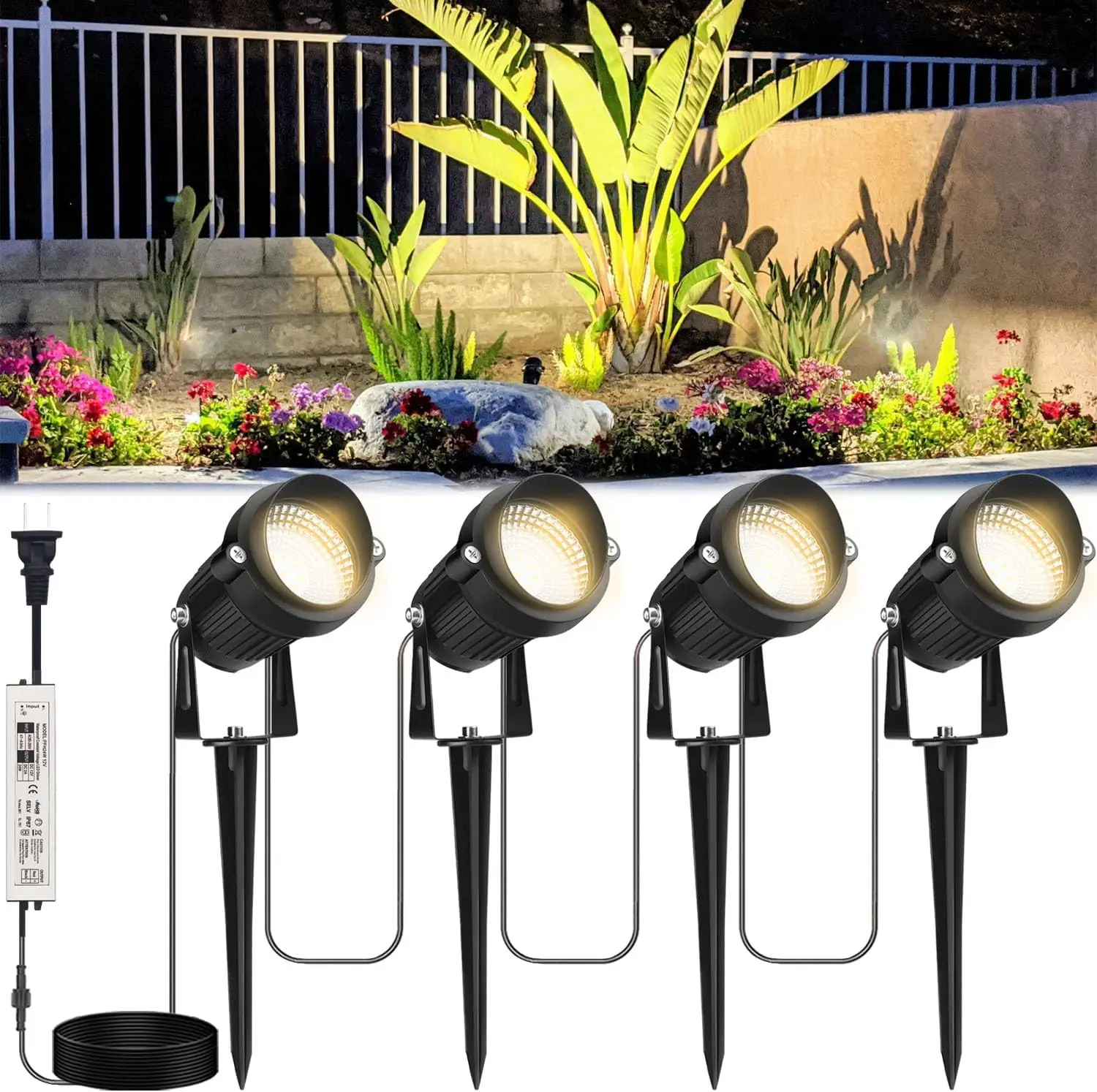 Outdoor Lighting, 28W 4 Pack Outdoor Spot Lights with Transformer for Yard, Plant, Lawn, Tree,Garden,12V Landscape Lights, IP65