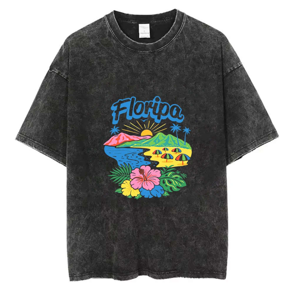 Camiseta oversized preta lavada com estampa de praia tropical Floripa para mulheres, top casual colorido para férias