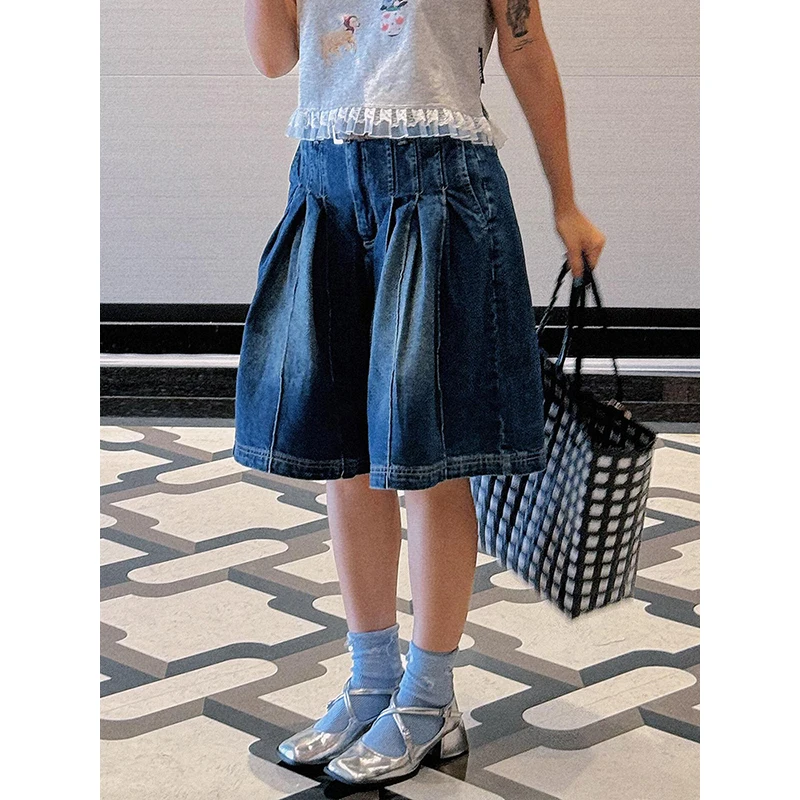 

PBAP летние женские потертые синие джинсовые шорты, винтажные плиссированные однотонные повседневные широкие укороченные джинсы с низкой посадкой Y2k, праздничная одежда