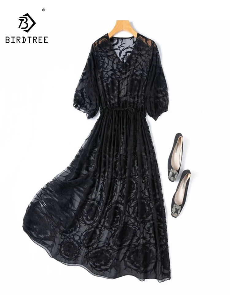 

BirdTree-100%Real Silk Qiao Qi Elegant Dress, Half Sleeve Embroidery, Women Vacation Sheer Loose Dresses, 2026 Summer D65235CC
