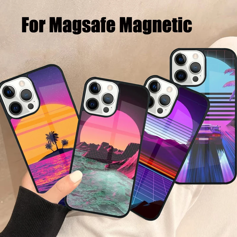 80S Vaporwave Retro Synthwave Sunset Magsafe Phone Case For iPhone 16 15 14 13 12 11 Pro Max Plus Mini Wireless Magnetic Cover