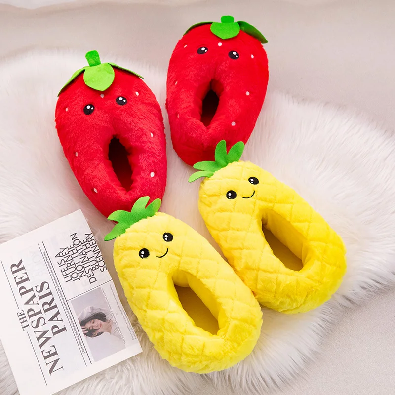 Cute Pineapple Strawberry Fruit Series Bag and Home Office Women's Shoes Winter Warm Fruit Cotton Slippers