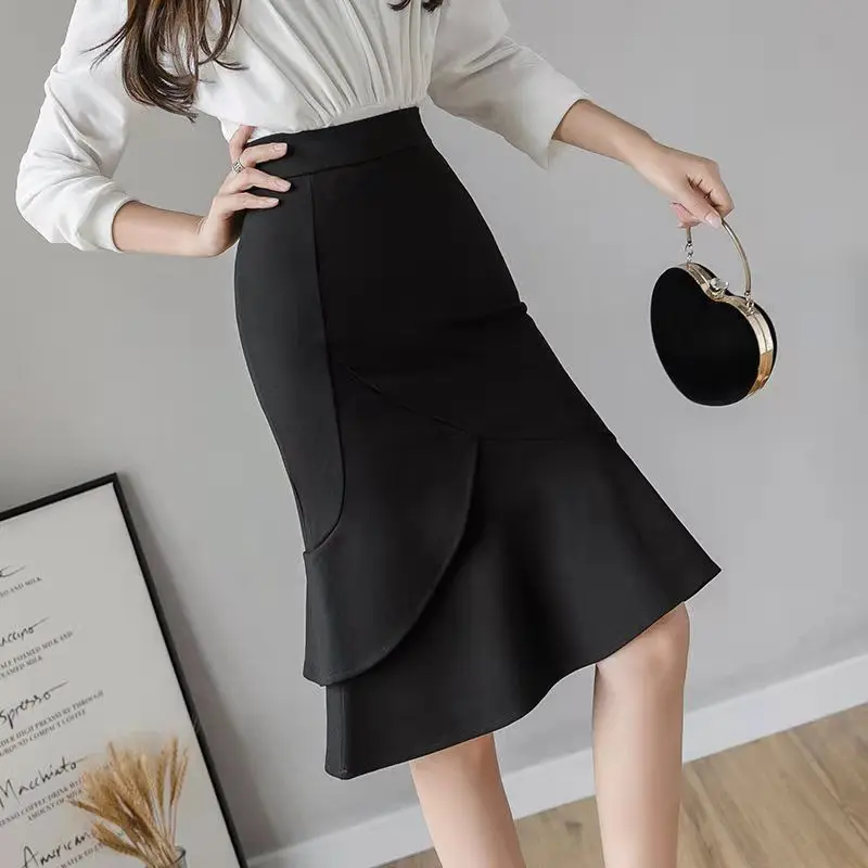 High Waist Irregular Elegant A-line Skirt Women Clothing Slim All-match Sexy Ruffles Fish Tail Half Skirt Fashion Office Summer