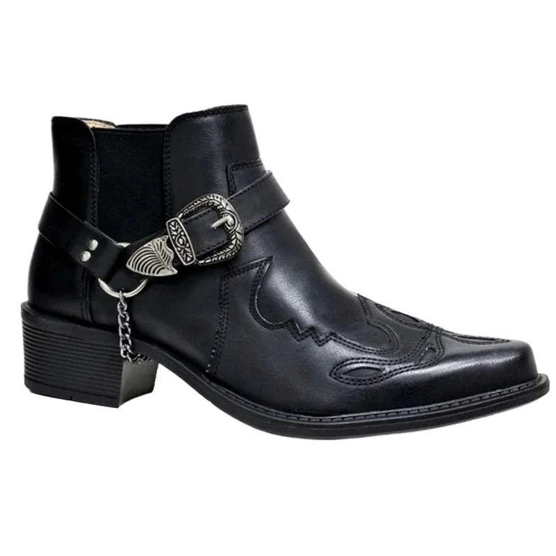 Botas de hombre hechas a mano, botas de vaquero Vintage, zapatos casuales de cuero de alta calidad, zapatos Punk con correa y hebilla, botas de moto con punta estrecha para hombre