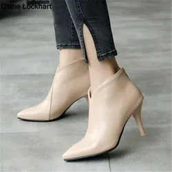 Women Shoes Fashion Metal Zipper Ankle Boots Ladies Elegant Short Plush Sexy Thin Heels Boats Mujer For Girls Size 32-43 Beige