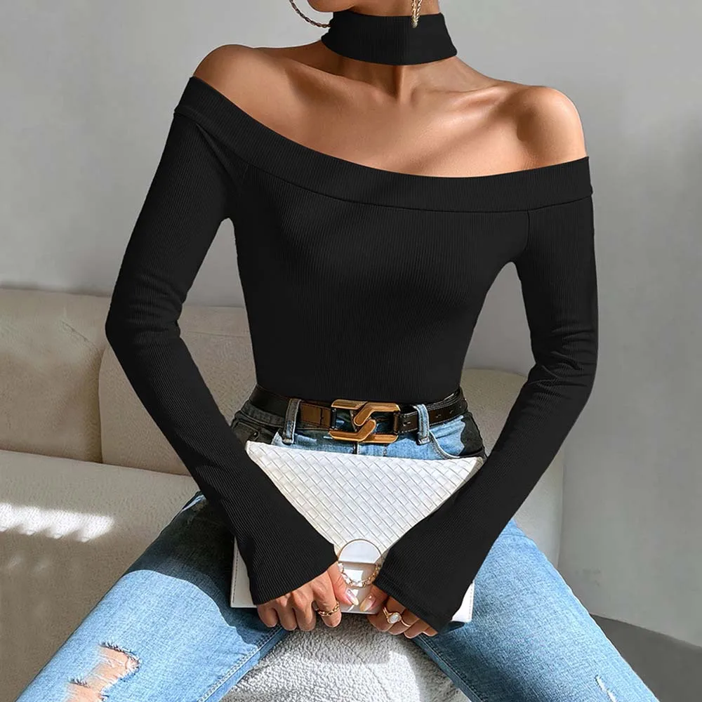 Knitted Base Tops Long Sleeve Hanging Neck Off Shoulder Corset Top Back Suspender Top Polyester Solid Color