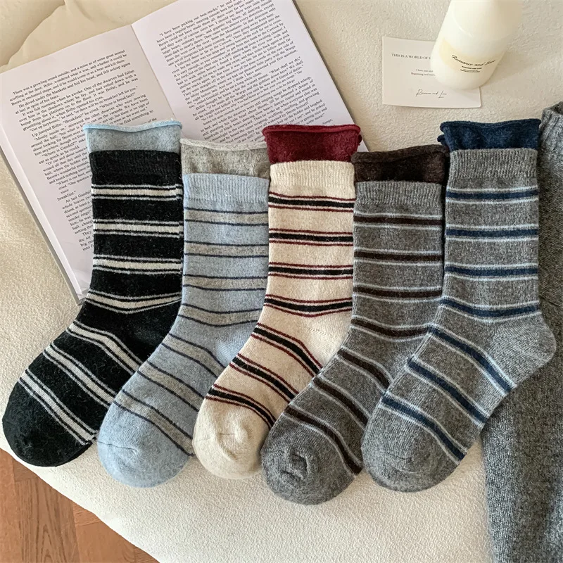 10 pairs of women's autumn winter thick warm new striped mid tube socks sweat absorbing simple comfortable casual socks