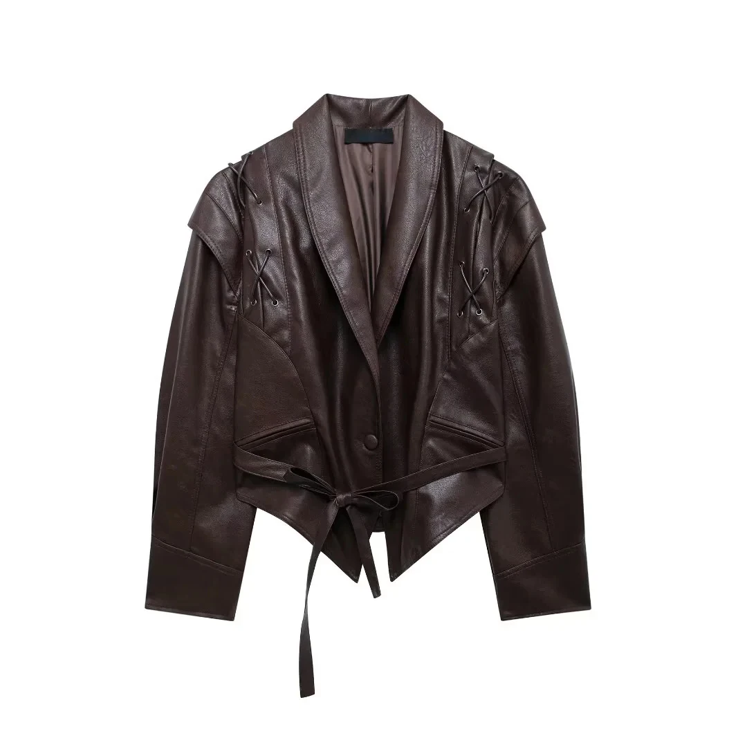 

Spring New Faion Slim Fit PU Leather Jaet Women's Coat with Belt Street Sle Long Sve Zipper Closure Casual Outerwear