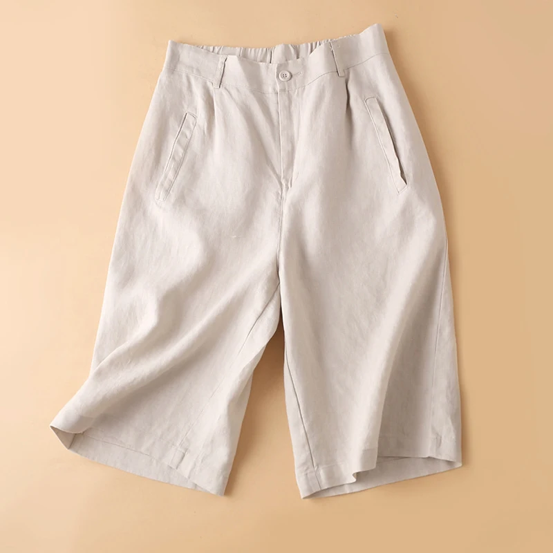 Women's Linen Wide Leg Short Pants Summer Loose Casual Thin Cotton Linen Five-Point Pure Color Versatile High Waist Shorts
