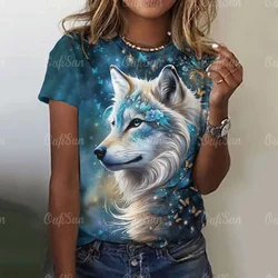 New T-shirt For Women Wolf Print Tees O Neck Loose Short Sleeve Blouse Female Fashion Animal Graphic Tops Harajuku Streetwear