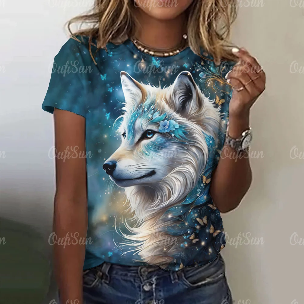 New T-shirt For Women Wolf Print Tees O Neck Loose Short Sleeve Blouse Female Fashion Animal Graphic Tops Harajuku Streetwear