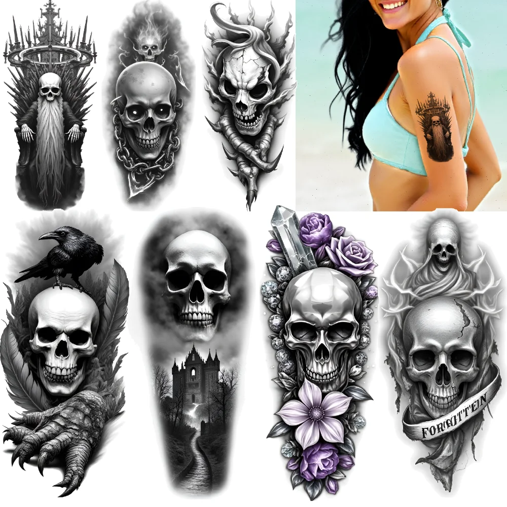 

3pcs Temporary Tattoo Creepy Art Realistic Temporary Tattoos Skull Designs Black And Grey Realism For Men Arms Thighs