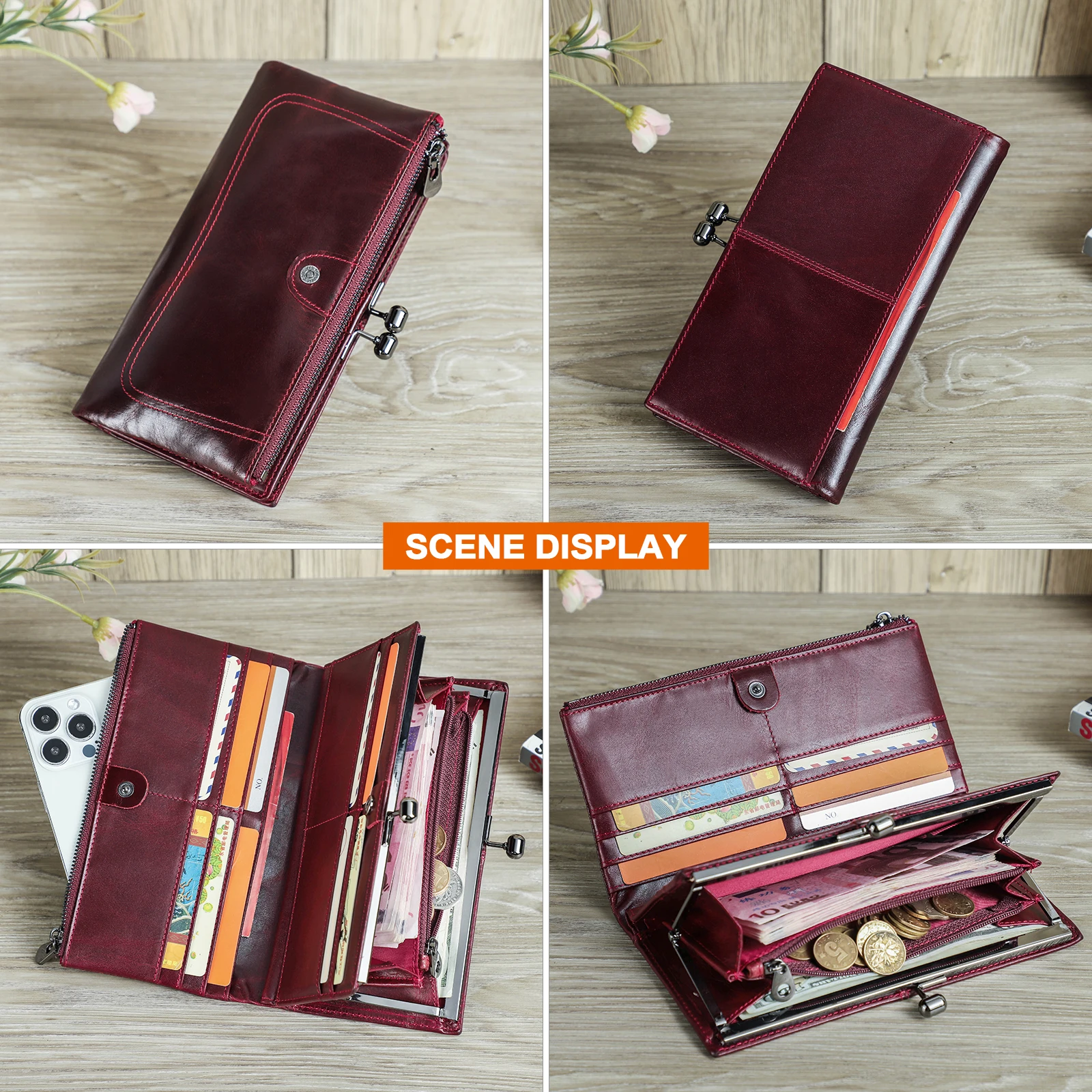 Contact'S Long Wallet Women Genuine Leather Metal Frame Credit Card Holder Hasp and Zipper Woman Phone Purse 4 Color