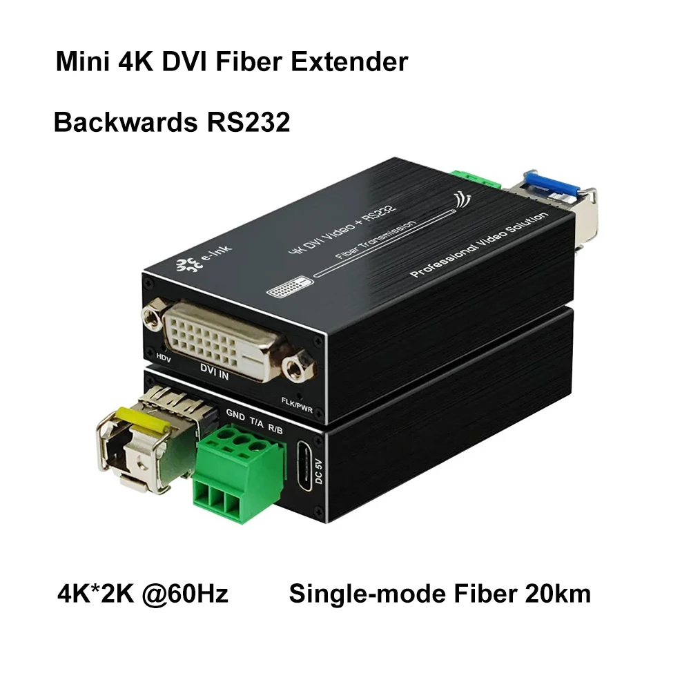 Mini 4K DVI Fiber Extender, 4K*2K@60Hz, with RS232/Stereo Audio, Single-Mode Fiber 20km, 5V DC, used in pair