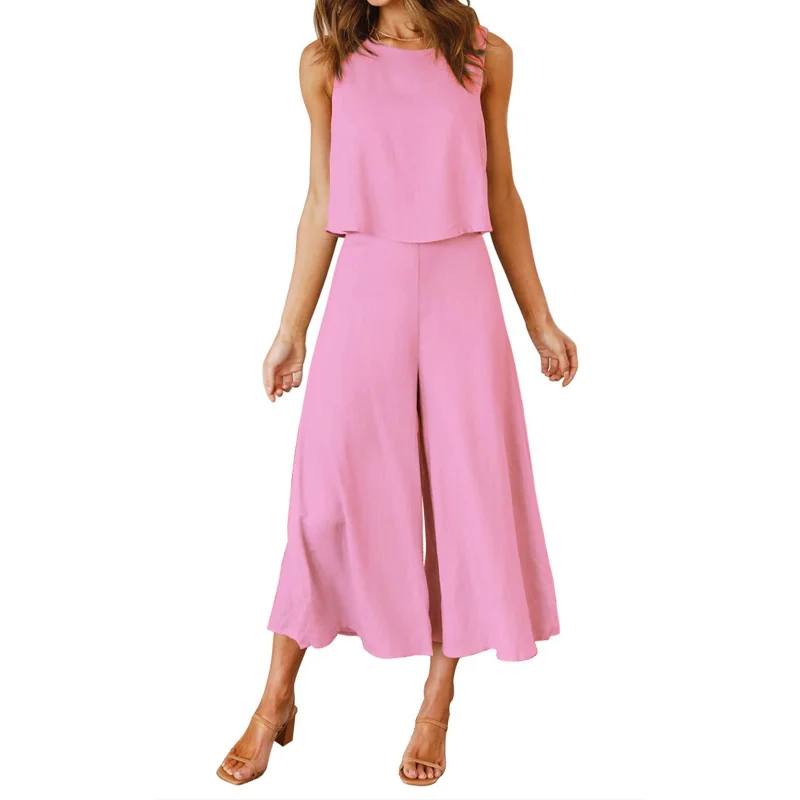 

Women's Tshirt Suit Cotton Linen Summer 2 Piece Solid Outfits Sleeveless Ruffle Tank Crop Top + Wide Leg Pants Set With Pockets