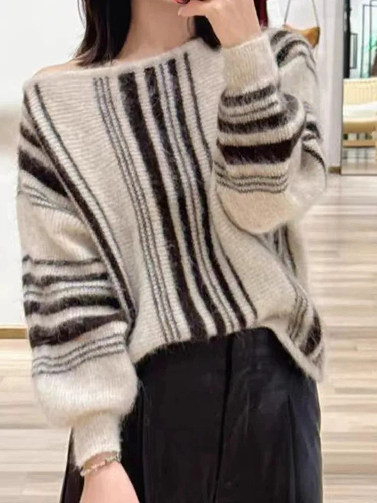 Vintage Women Long Sleeve Vertical Stripe Jacquard Pullover Sweater Autumn Off Shoulder Plush Knit Top