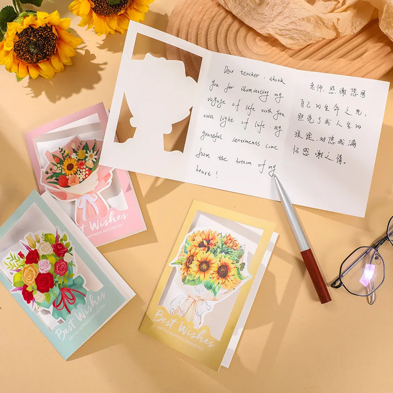 1 Pcs Bouquet Greeting Card Blank Cards Elegant Festival Message Gift Hollow Out for Party Invitation Blessing Paper Decorative