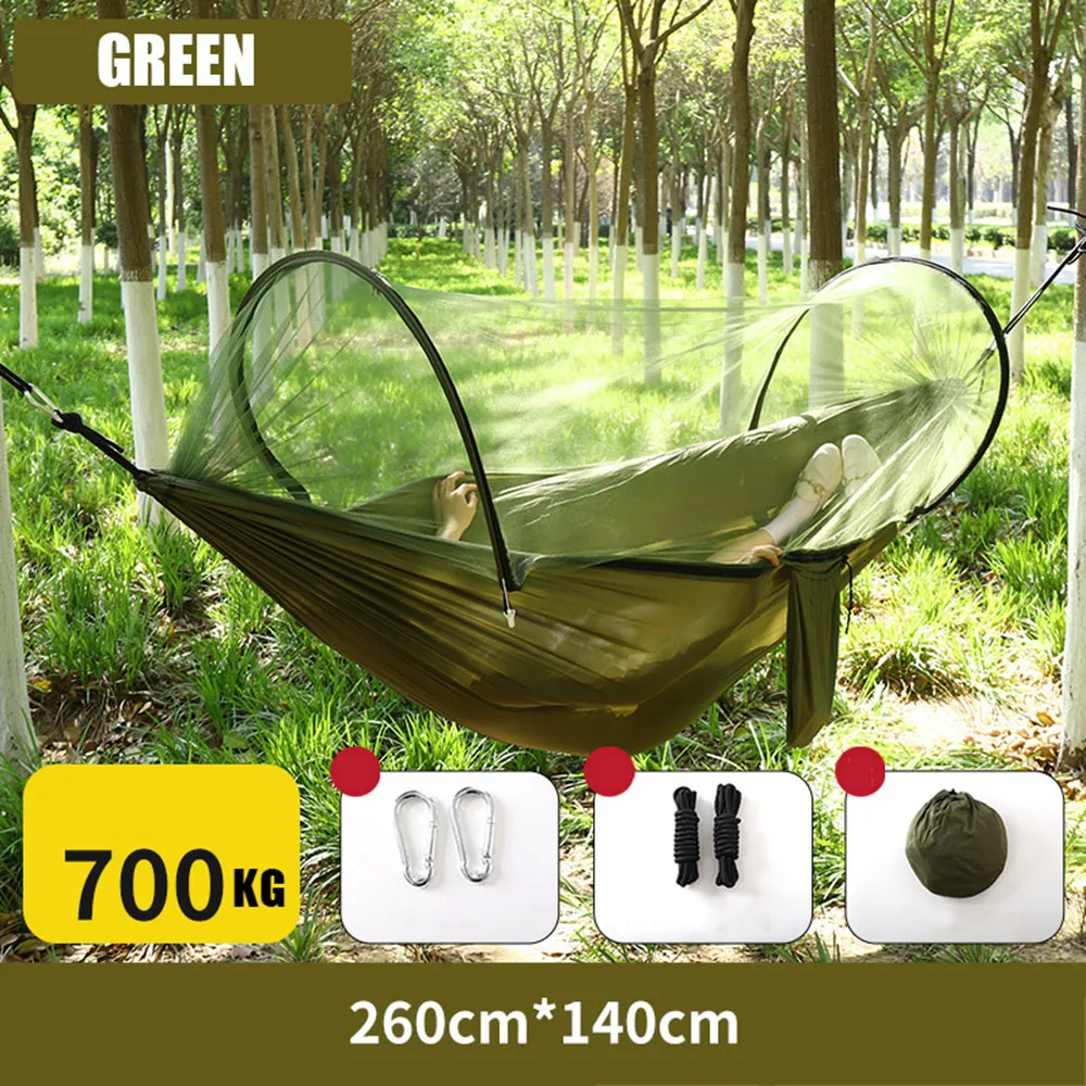 260*140cm Camping Hammock With Anti‑Mosquito Net Portable Suspended Bed With Tree Straps Carabiners For Outdoor Travel Hiking