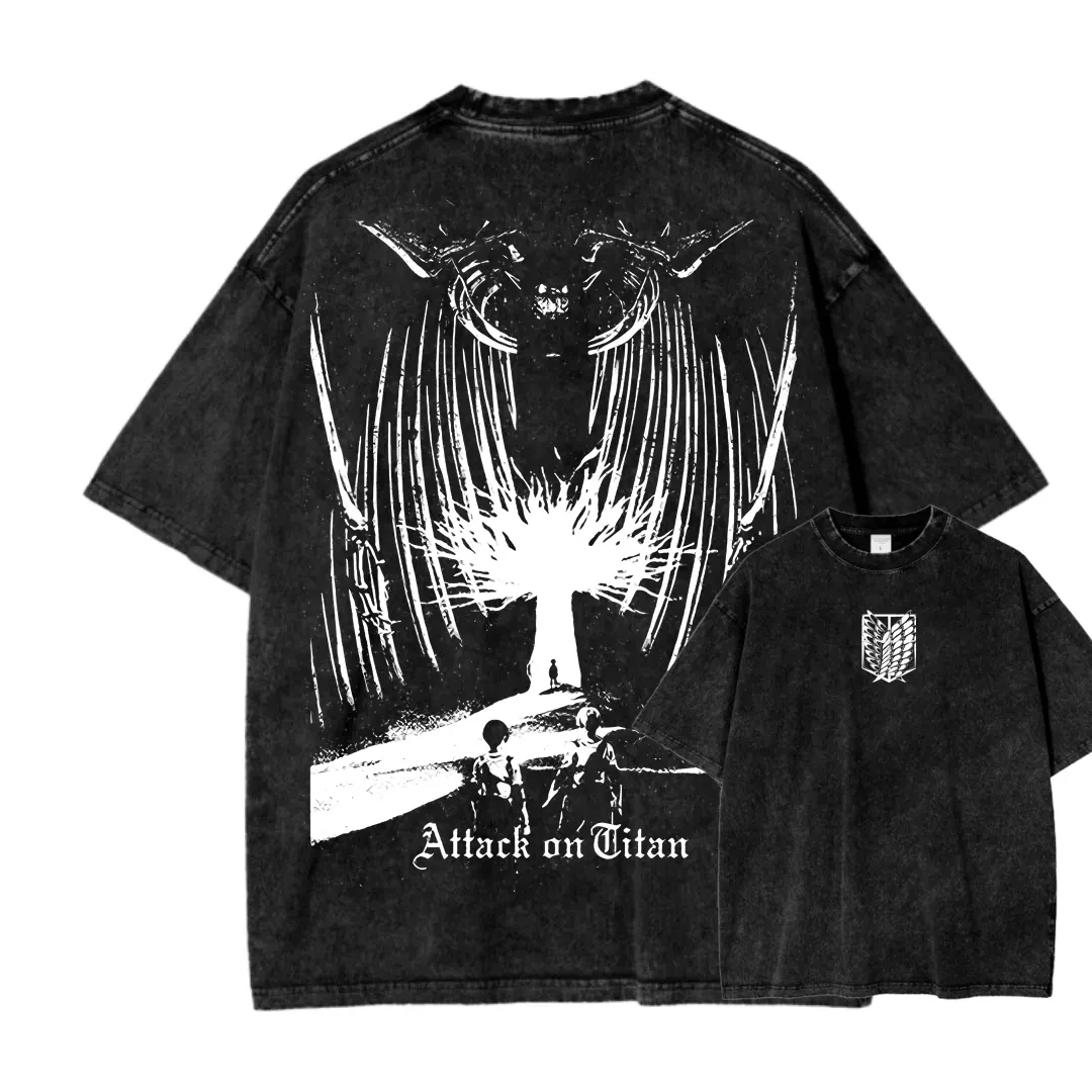 Hot-blooded Anime Attack on Titan Graphic Print T-Shirt Men Women Retro Washed O-neck Cotton Casual Oversized Top Summer New Tee