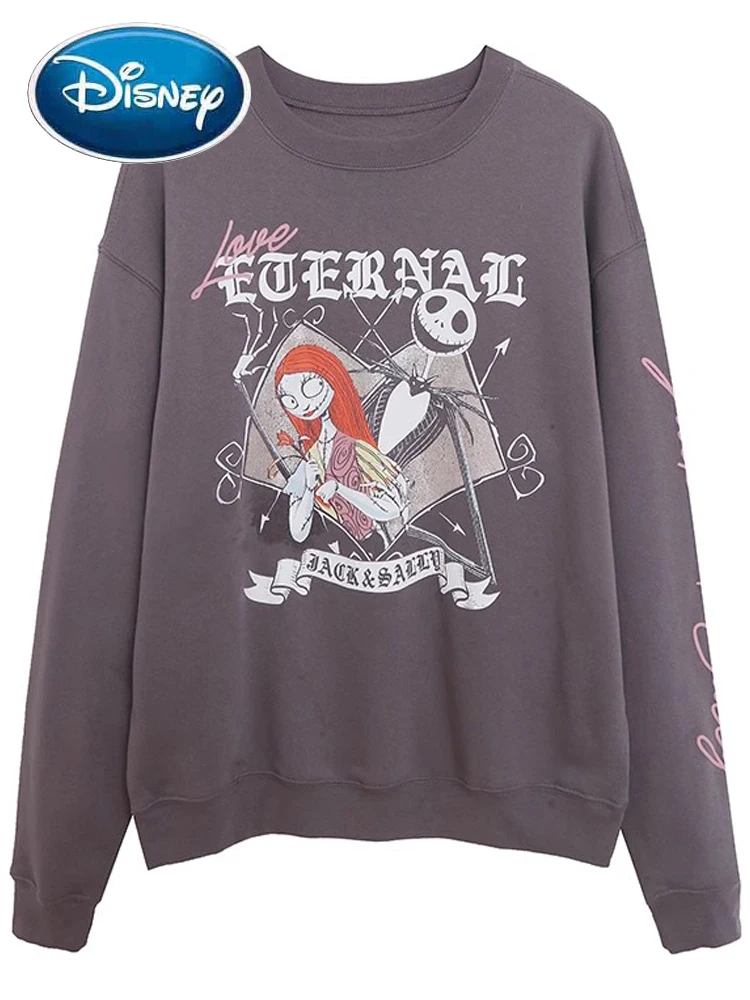 Disney Sweatshirt The Nightmare Before Christmas Jack and Sally Cartoon Print Women Long Sleeve Pullover Fleece Jumper Top Femme