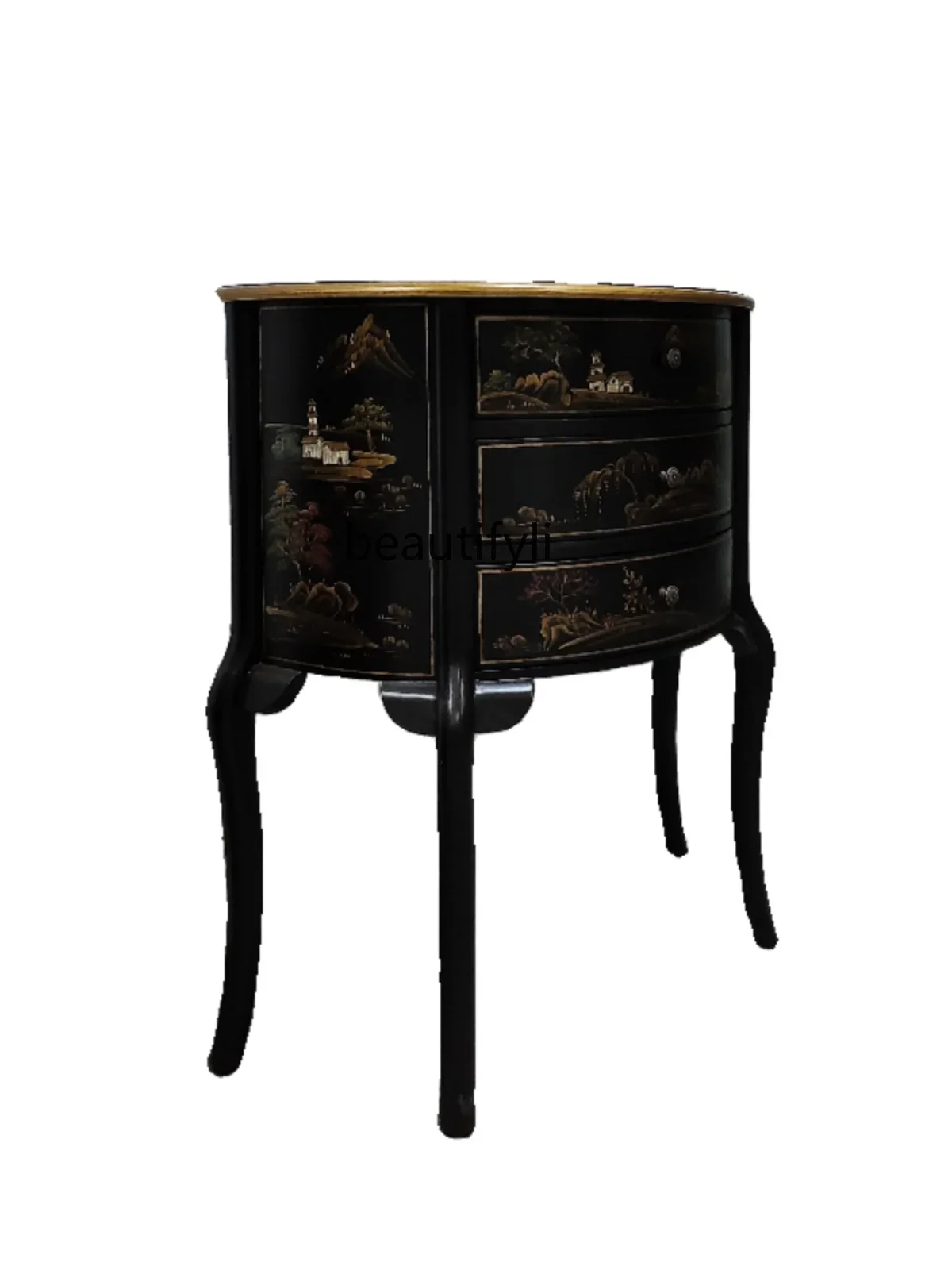 MM45 American Country Retro Black Entrance Cabinet Painted Solid Wood Semicircle Hallway Table