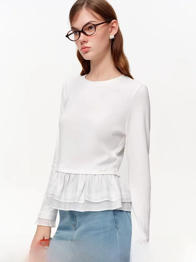

Ruffle Soft Gauze round Ne Base irt Unique Bouquet Knitted Patchwork Top Double Layer Ruffle Small irt Spring New Sle