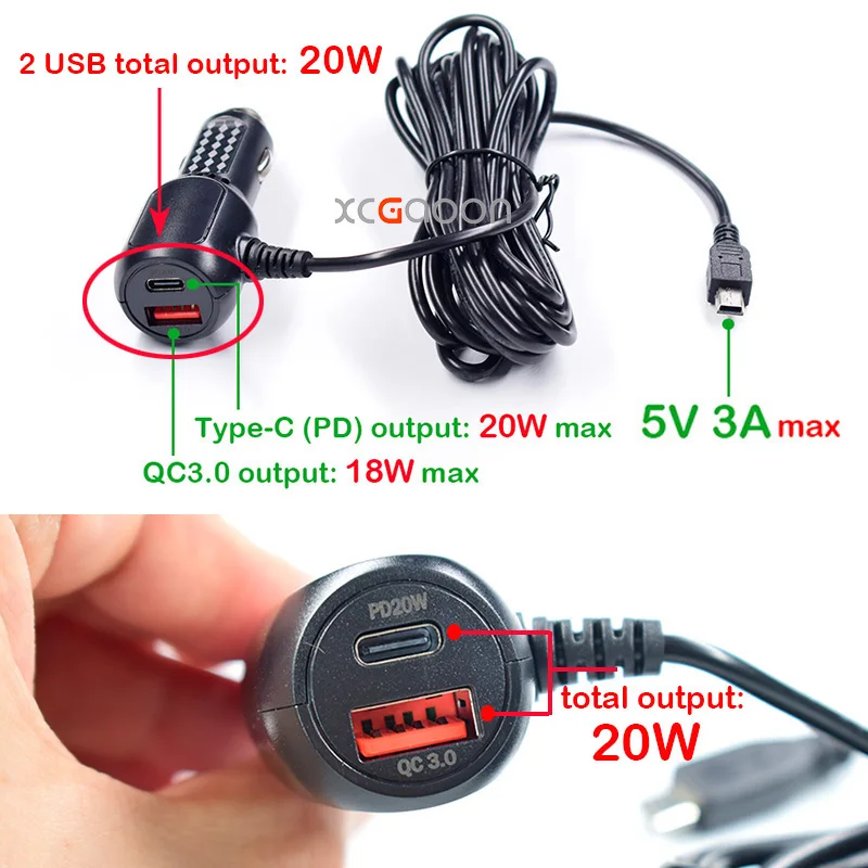 5V 3A Dash Cam Car Camera DVR Car Charger Adapter With Dual 2 Quick Charging QC3.0 USB And With Micro Mini Type-C Interface