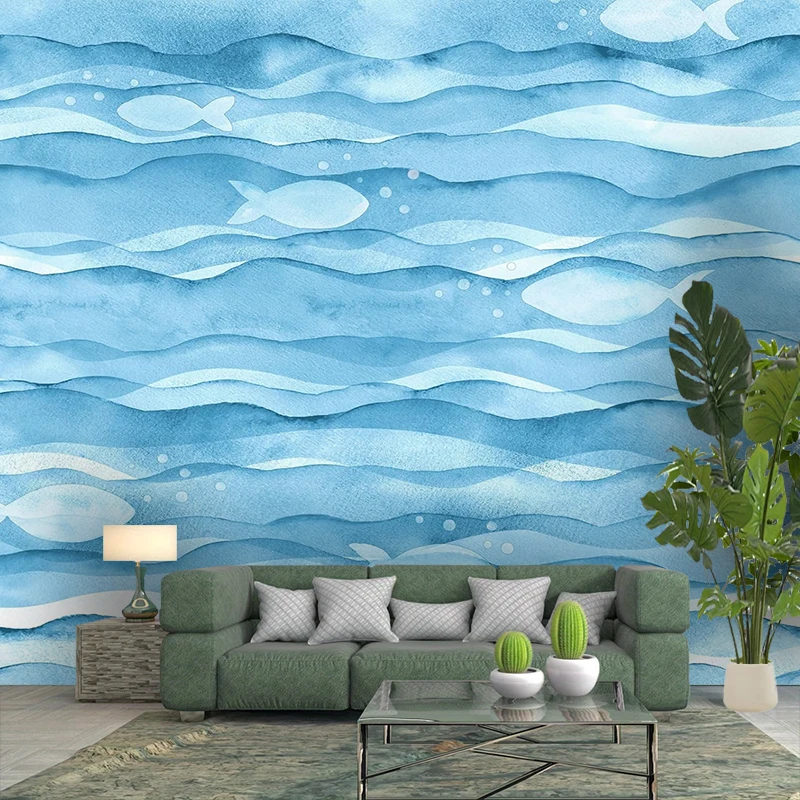 1PC Blue Wave Fish Watercolor Art Print Backdrop Banner, Bedroom Living Room Photo Background, Polyester, Home Decor, Wall Art