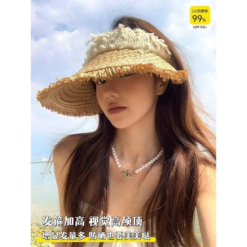 2026 New Beach Sun Raffia Straw Hat for Women, Summer Wide Brim Visor Cap, Woven UV Protection Hat
