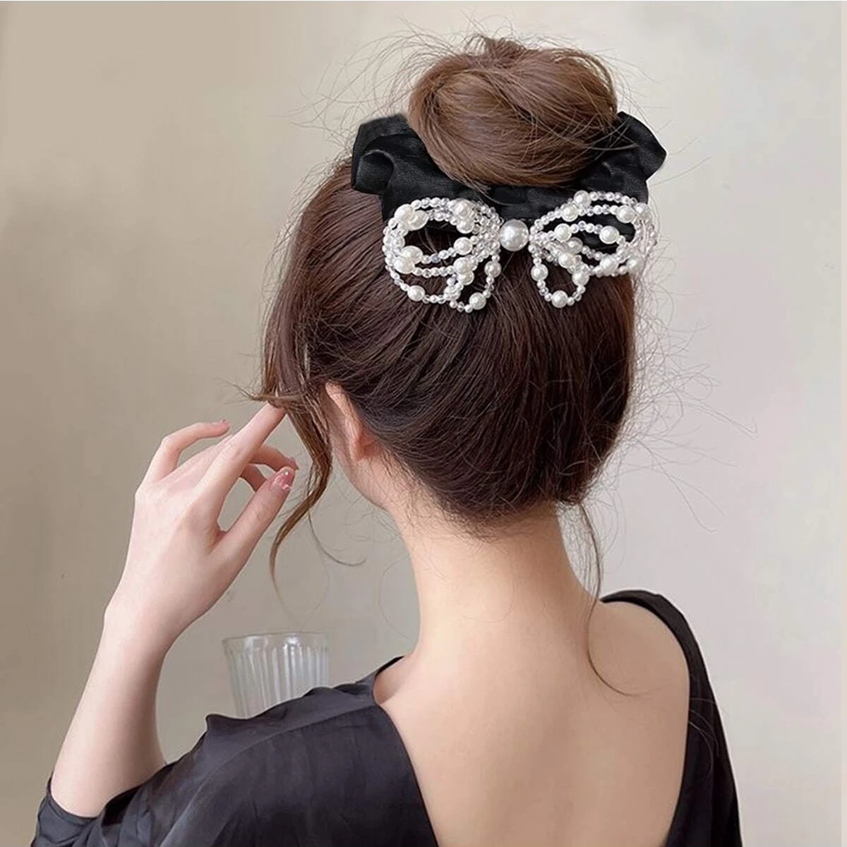 Coletero Grande con Lazo de Perlas Falsas Estilo Francés, Dulce y Elegante, de Malla Negra, para Niñas y Mujeres, Accesorios para el Cabello