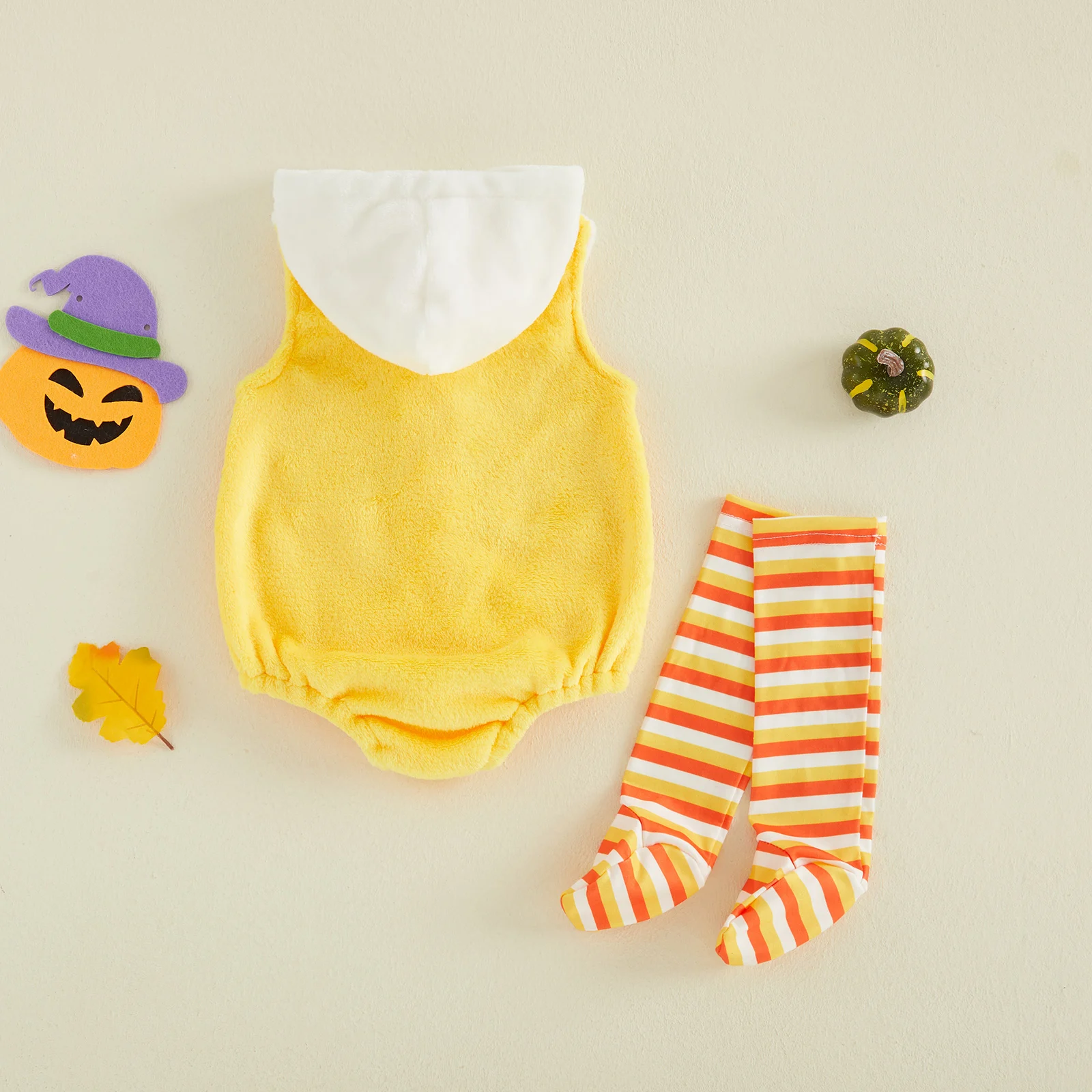 0-18M Halloween Candy Corn Costume for Infant Girl Boy Fleece Hooded Sleeveless Zipper Bubble Romper and Striped Stockings Set
