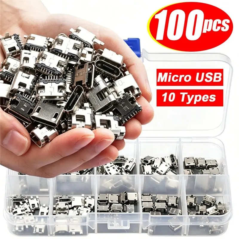 Repair Adapter Set 100PCS 10 Types Replacement Micro USB Female Socket Connectors Port 5Pin Jack Plugs Parts