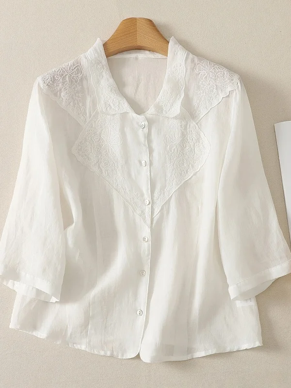 

Elegant Simple Pure Color Embroidered Loose Women's Shirt Summer 2026 Vintage Sun Protection Open Cardigan Top