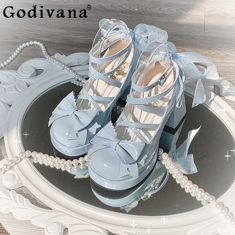 

Graceful Lady Japanese Original Lolita High Heels Sweet Cute Round Toe Chunky Heel, Bowknot Cross Strap Mary Jane Shoes